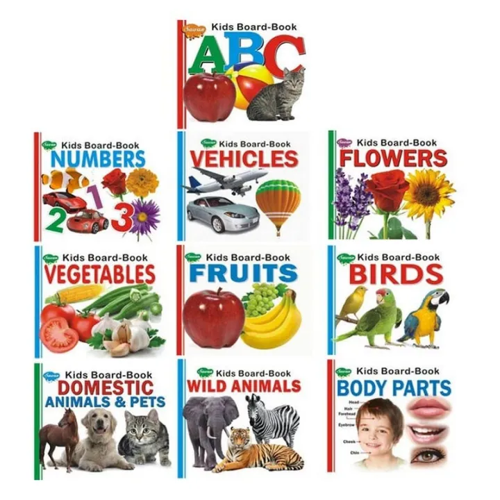 Kids Board Book Set ABC, Numbers, Vehicles, Flowers, Vegetables, Fruits, Birds, Domestic Animals, Wild Animals, Body Parts by Unknown — book cover